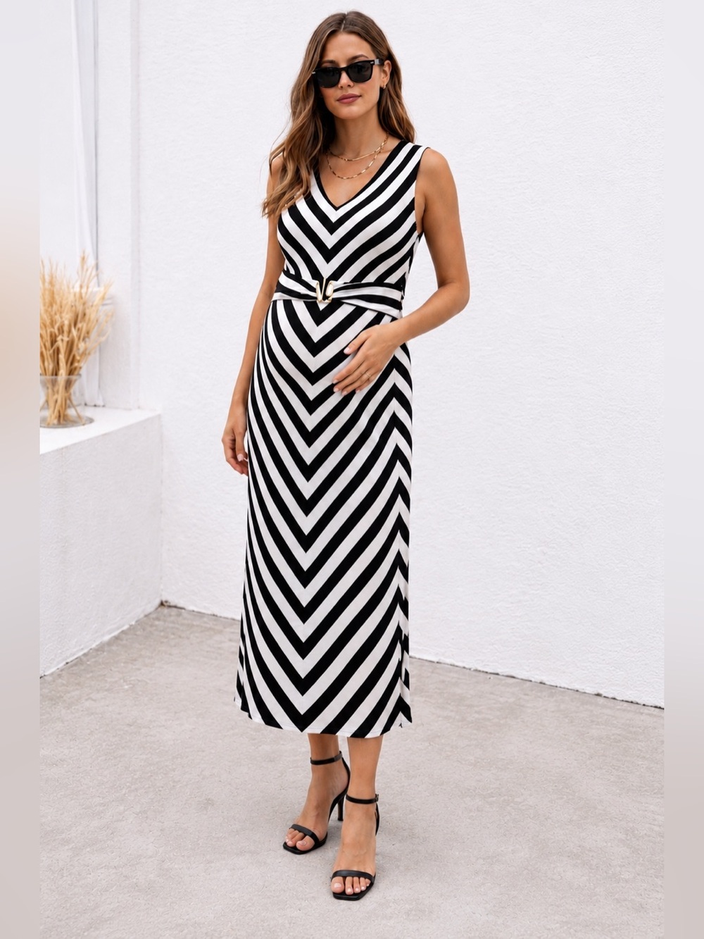 Liz Lange Maternity Black White Striped Dress L Belted Flattering Fit